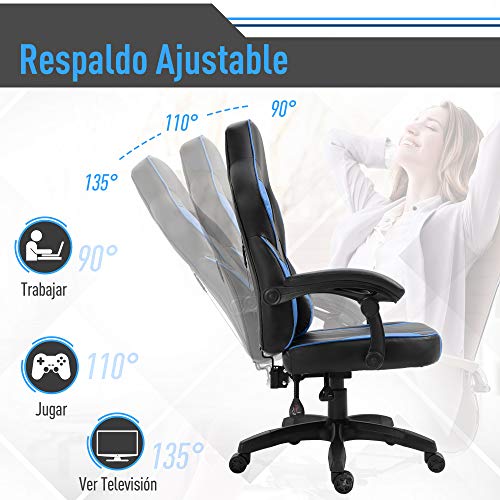 Vinsetto Silla de Oficina Ergonómica Ajustable en Altura Reclinable hasta 135° Silla Racing con Respaldo Alto Reposabrazos Regulable Asiento Acolchado 64x69x119-129 cm Azul