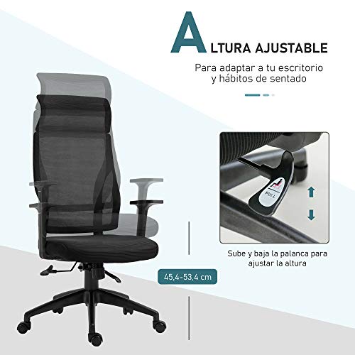 Vinsetto Silla de Oficina Ergonómica Silla de Escritorio Giratoria Ajustable en Altura y Reclinable hasta 120° Bloqueo de Posición 64x61x120,9-128,9 cm Negro