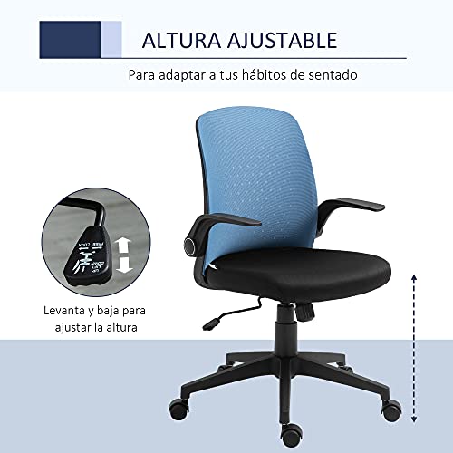 Vinsetto Silla de Oficina Ergonómica Silla Escritorio Giratoria Ajustable en Altura con Reposabrazos Abatible Soporte Lumbar y Respaldo Transpirable 57x61x93-102 cm Azul