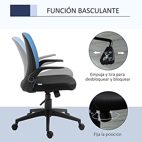 Vinsetto Silla de Oficina Ergonómica Silla Escritorio Giratoria Ajustable en Altura con Reposabrazos Abatible Soporte Lumbar y Respaldo Transpirable 57x61x93-102 cm Azul