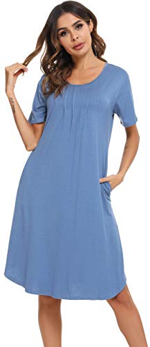 Vlazom Camisón Mujer Verano Camisón de Manga Corta Cuello Redondo Ropa de Dormir Suave Pijamas Transpirable Loungewear S-XXL,S,Azul cobalto