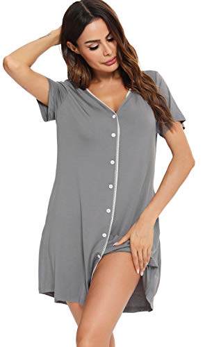 Vlazom Camisón Mujer Verano Pijama Cuello En V Manga Corta Camisones para Mujer Cómodos Ropa de Dormir Loungewear,XXL,Gris Oscuro