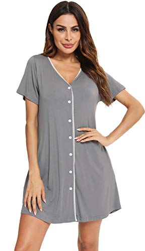 Vlazom Camisón Mujer Verano Pijama Cuello En V Manga Corta Camisones para Mujer Cómodos Ropa de Dormir Loungewear,XXL,Gris Oscuro