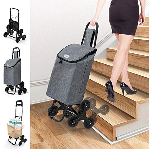 VOUNOT Carro de la Compra con 6 Ruedas para Subir Escaleras, Carrito de la Compra Plegable, Bolsa Impermeable de 32 L, Gris