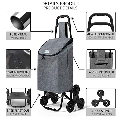 VOUNOT Carro de la Compra con 6 Ruedas para Subir Escaleras, Carrito de la Compra Plegable, Bolsa Impermeable de 32 L, Gris