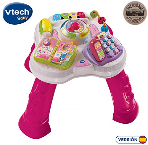 VTech - Mesita parlanchina 2 en 1, Juguete para bebes +9 meses, Mesa de actividades con panel extraíble, 6 zonas interactivas, color rosa, embalaje sostenible, SPB, versión ESP (3480-148087)