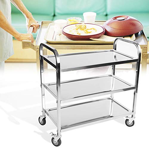 Wakects Carro de Cocina,Carro de Servicio de Acero Inoxidable, Carrito Auxiliar con 4 Ruedas y 3 Bandejas,para La Cocina Hotel Oficina 85 x 45 x 90cm