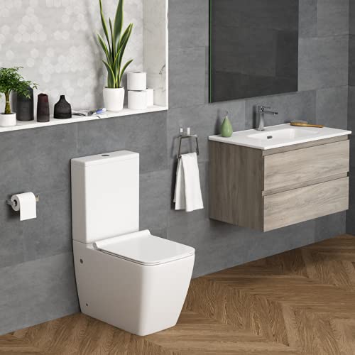 Wc Inodoro Completo Cuadrado | Inodoro Tanque Bajo con Cisterna y Asiento Extrafino y Codo | Adosado a Pared con Salida Dual y Sistema Rimless