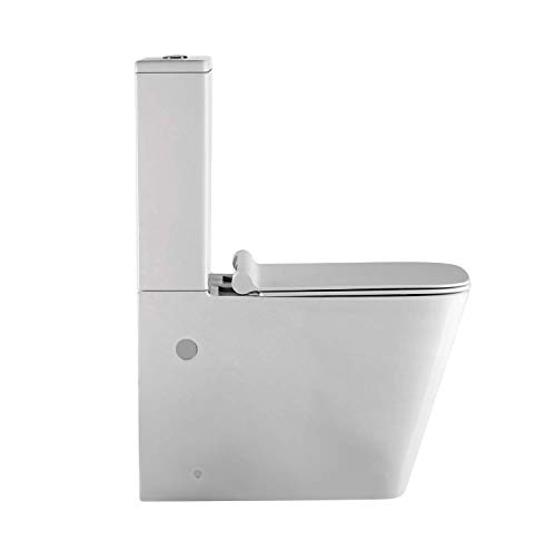 Wc Inodoro Completo Cuadrado | Inodoro Tanque Bajo con Cisterna y Asiento Extrafino y Codo | Adosado a Pared con Salida Dual y Sistema Rimless