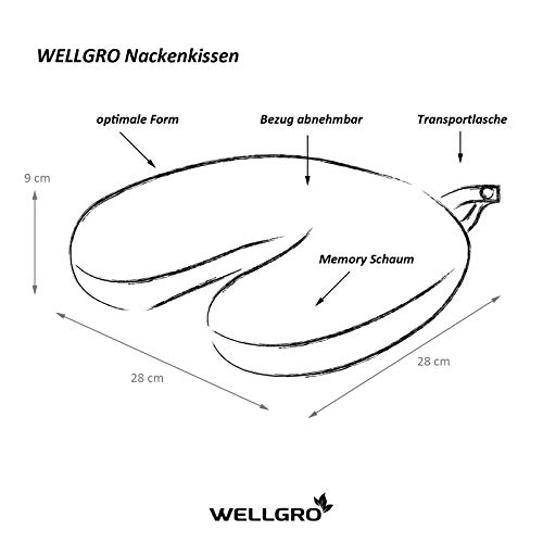 Wellgro - Almohada cervical con funda extraíble (espuma viscoelástica, cremallera, incluye bolsa de transporte), aprox. 28 x 28 x 9 cm (largo x ancho x alto)