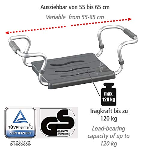 Wenko Badewannensitz Secura - ausziehbar, 150 kg Tragkraft, 55-65 x 18 x 26 cm, silber