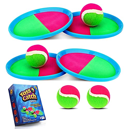 Weokeey Juego de Pelota para Niños, Juego de Bolas de Atrapar con 4 Paletas & 4 Pelotas Juegos de Exterior para Niños Impermeable Pelotas de Playa para Patio, Jardín, Interior & Exterior