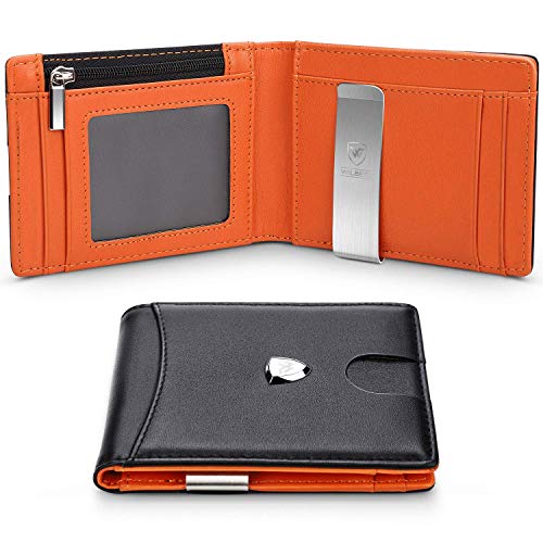 wilbest® Cartera Hombre, Billetera Hombre, Carteras Hombre con Monedero, Cartera Hombre Slim, Cartera Hombre Piel, con Caja de Regalo (Negro Naranja)