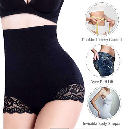 Wonnell Faja Pantalón Shapewear Lenceria Braguita Moldeadora Mujer Faja Reductora Ropa Interior Cintura Alta Shapewear Levanta Gluteos Fajas para Adelgazar Negro Encaje Vientre Plano Ropa Interior