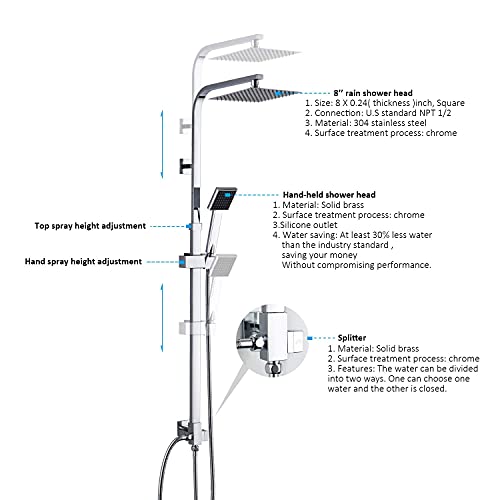 WOOHSE Columna de ducha sin Grifo cuadrada, Conjunto de ducha con Teleducha y Rociador y Tubo Flexibley Barra Regulable 88,5-123,5 CM para Ducha y Ducha, Cromo