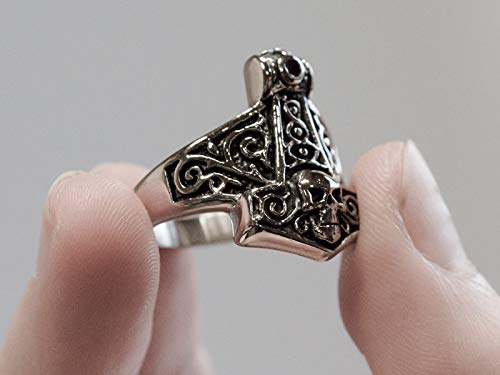 WTZWY Anillo de Acero Inoxidable Hecho A Mano con Calavera de Martillo de Thor de Acero Inoxidable/Anillo de Hombre Hecho de Quirúrgico Altamente Pulido - Viking Joyas,12