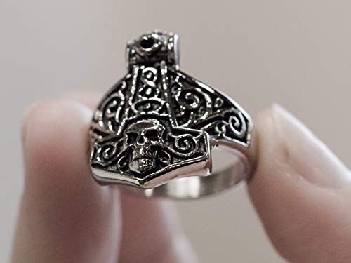 WTZWY Anillo de Acero Inoxidable Hecho A Mano con Calavera de Martillo de Thor de Acero Inoxidable/Anillo de Hombre Hecho de Quirúrgico Altamente Pulido - Viking Joyas,12