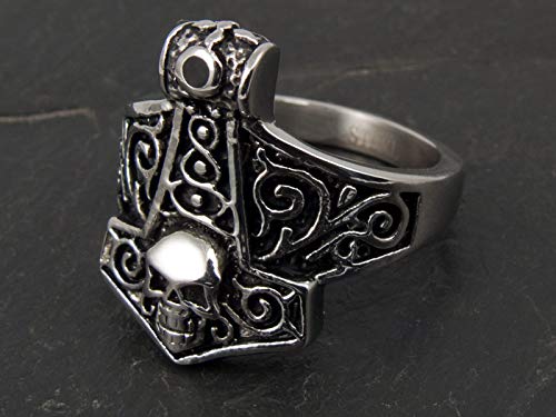 WTZWY Anillo de Acero Inoxidable Hecho A Mano con Calavera de Martillo de Thor de Acero Inoxidable/Anillo de Hombre Hecho de Quirúrgico Altamente Pulido - Viking Joyas,12