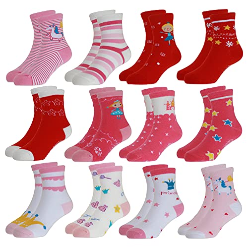 Yafane 12 Pares de Calcetines Antideslizantes para Niños Pequeños Infantil Recién Nacido Calcetines Antideslizantes Algodón para Bebés 0-7 años (Rojo, 3-5 años)