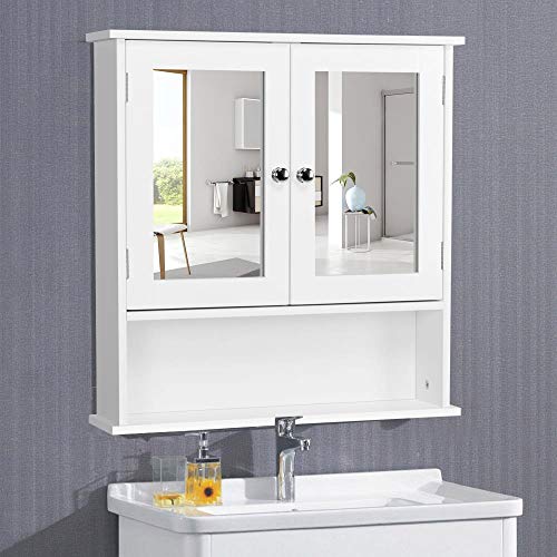 Yaheetech Armario de Baño con Espejo de Pared con 2 Puertas 58 x 56 x 13 cm Gabinete para Colgar con 3 Niveles para Cocina Salón de Almacenaje