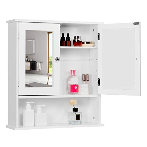 Yaheetech Armario de Baño con Espejo de Pared con 2 Puertas 58 x 56 x 13 cm Gabinete para Colgar con 3 Niveles para Cocina Salón de Almacenaje