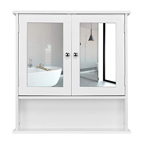 Yaheetech Armario de Baño con Espejo de Pared con 2 Puertas 58 x 56 x 13 cm Gabinete para Colgar con 3 Niveles para Cocina Salón de Almacenaje