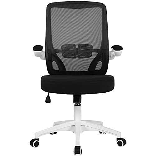 Yaheetech Silla Escritorio Ergonomica Regulable en Altura con Brazos Plegables de Malla Transpirable Silla Oficina con Soporte Lumbar Ruedas para Despacho Estudio