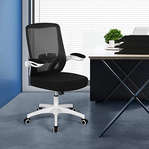 Yaheetech Silla Escritorio Ergonomica Regulable en Altura con Brazos Plegables de Malla Transpirable Silla Oficina con Soporte Lumbar Ruedas para Despacho Estudio