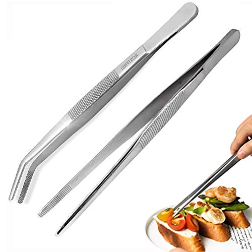 YFOX Pinzas multifuncionales,Hechas de Acero Inoxidable 304,Punta Dentada de precisión, Pinzas de Cocina de Mango Largo,Pinzas de Cocina Curvas,20 cm (Plateado)