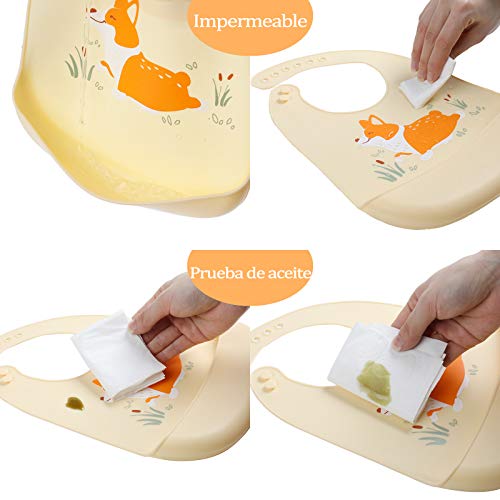 YINGJEE Baberos del Bebé Impermeable 3pcs, Babero Impermeable Infantil de Silicona para Bebé Unisexo Niños Niñas, Babero Súper Suave y con un amplio bolsillo y dos Cerraduras de Seguridad para Niños