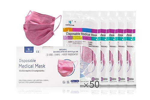 YINHONYUHE Mascarilla Quirúrgica Desechable Homologada, 50 Unidades, Color Rosa, CE BFE ≥98%, EN 14683:2019+AC:2019 Type IIR