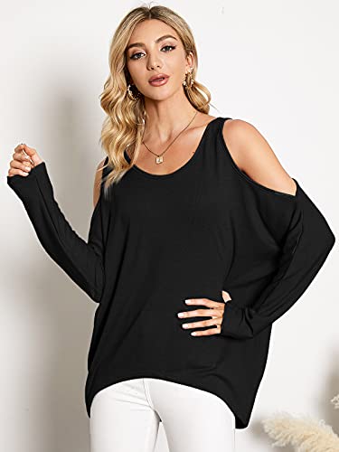 ZANZEA Mujer Camisetas Manga de Murciélago Irregular Tallas Grandes Tops Sexy Hombros Descubiertos Pullover Manga Larga Negro S