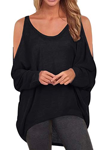 ZANZEA Mujer Camisetas Manga de Murciélago Irregular Tallas Grandes Tops Sexy Hombros Descubiertos Pullover Manga Larga Negro S