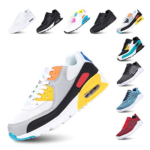 Zapatillas de Deportivas Mujer Zapatos Correr Hombre Running Casual Sneakers Cordones Colchón de Aire Ligero Respirable Calzado BlancoAmarillo 42