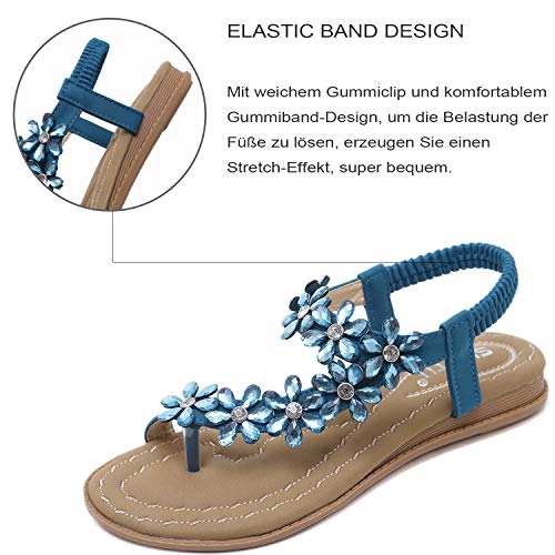 ZOEREA Sandalias de Mujeres Planas Verano Bohemia Moda Rhinestone Flor Damas Zapatos Correa Elástica Punta Abierta Casuales de Playa Chanclas Estilo 1 Azul, 37 EU