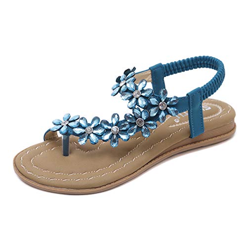 ZOEREA Sandalias de Mujeres Planas Verano Bohemia Moda Rhinestone Flor Damas Zapatos Correa Elástica Punta Abierta Casuales de Playa Chanclas Estilo 1 Azul, 37 EU