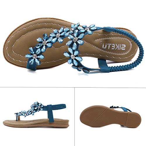 ZOEREA Sandalias de Mujeres Planas Verano Bohemia Moda Rhinestone Flor Damas Zapatos Correa Elástica Punta Abierta Casuales de Playa Chanclas Estilo 1 Azul, 37 EU