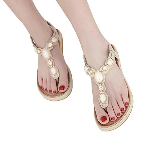 ZOEREA Sandalias Planas para Mujer Verano Bohemia Moda Comodidad Elegante Correa Tobillo Elástica Chanclas Punta Abierta Damas Zapatos Casuales B-Beige,38