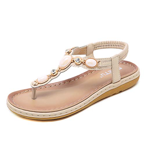 ZOEREA Sandalias Planas para Mujer Verano Bohemia Moda Comodidad Elegante Correa Tobillo Elástica Chanclas Punta Abierta Damas Zapatos Casuales B-Beige,38