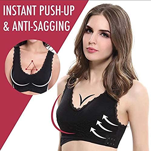 2 Pcs Instacomfort Wireless Lace Lift Bra Back Support,Easy Comfort Bra Front Buckle Seamless Anti-Sagging Sports Yoga Bralette Sleep Bras Wide Straps (Negro+Beige, XL)