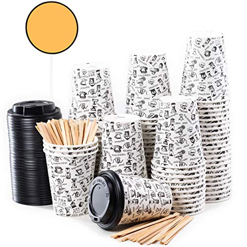 80 Vasos Desechables de Café para Llevar - Vasos Carton 360 ml 12 Onzas con Tapas y Agitadores de Madera para Servir el Café, el Té, Bebidas Calientes y Frías