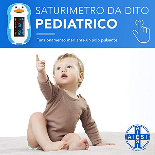 AIESI® Oxímetro Pediátrico pulso Pulsioximetro de dedo profesional certificado para niños con pantalla a COLOR ajustable # Pilas # Correa de transporte # Manual usuario plurilingüe # Garantía 24 meses