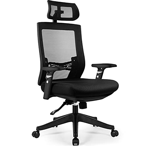 Aiidoits Silla de Oficina Ergonómica, Silla de Escritorio con Soporte Lumbar Ajustables, Reposacabezas y Apoyabrazos, Silla Giratoria de Malla con Mecanismo de Inclinación, Carga Máxima 150 kg