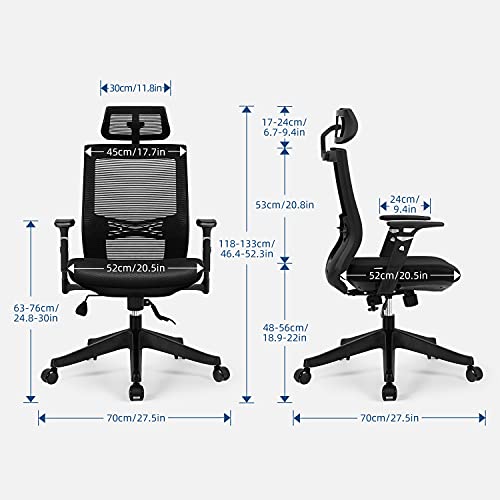 Aiidoits Silla de Oficina Ergonómica, Silla de Escritorio con Soporte Lumbar Ajustables, Reposacabezas y Apoyabrazos, Silla Giratoria de Malla con Mecanismo de Inclinación, Carga Máxima 150 kg