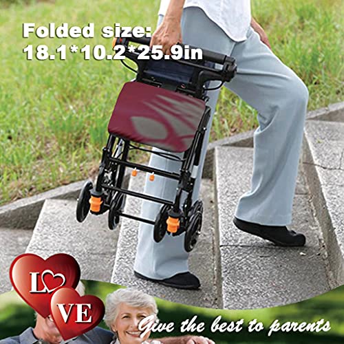 Andador de 4 Ruedas mas Ligero del Mundo Andador 7 LB para Ancianos, Plegable, Frenos manuales y bloqueables,Aluminio, con Cesta, Ligero con Asiento Rojo (Color : Red, Size : 18.1 * 10.2 * 25.9in)