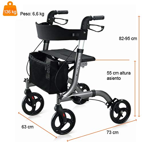 Andador Rollator para minusválidos de aluminio, diseño más moderno y una estructura más completa, ancianos, ligero, plegable, frenos manuales, con asiento, cesta y ruedas giratorias delanteras.