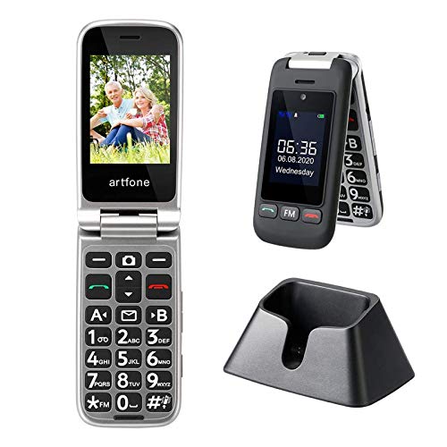 Artfone Teléfono celular Senior con tapa desbloqueada, teclas grandes, botón SOS, alto volumen, radio FM, cámara para ancianos (pantalla de 2.4 '', SIM dual, antorcha, estación de carga)