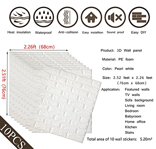 Arthome 10 piezas Papel Pintado 3D Ladrillo, Autoadhesivo Grueso Impermeable Pegatina de Pared Espuma 3d, Paneles Decorativos 3D Piedra para Cuarto de Baño, Sala de Estar y Cocina ( 5.20㎡)