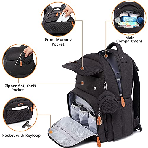 BabbleRoo Mochilas Para Pañales para Bebé, Bolso Cambiador Unisex Con Soporte Para Chupete Y Correas Para Carrito, Bolso Pañalera grande E Impermeable para Mamá y Papá, Negro