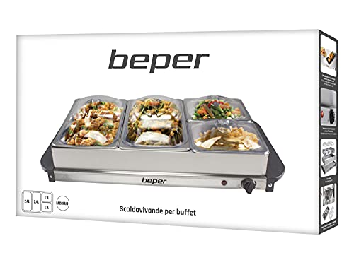 Beper P101TEM001 Calientaplatos de buffet, Acero inoxidable, 4 bandejas extraíbles, Termostato de temperatura, Luz de funcionamiento, Ideal para buffets, áreas de desayuno de hotel, brunch